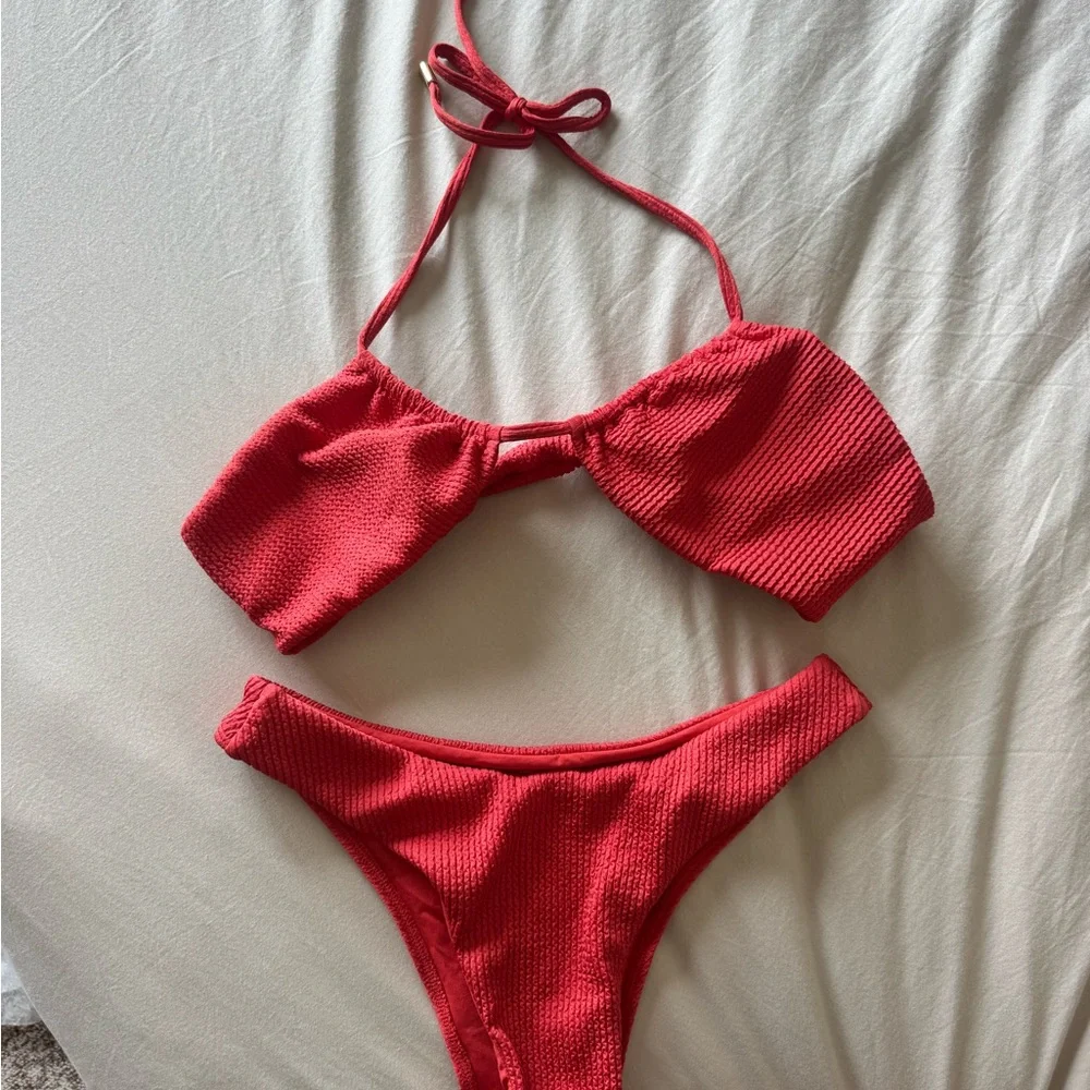 Monday Swimwear Red Textured Bandeau Bikini